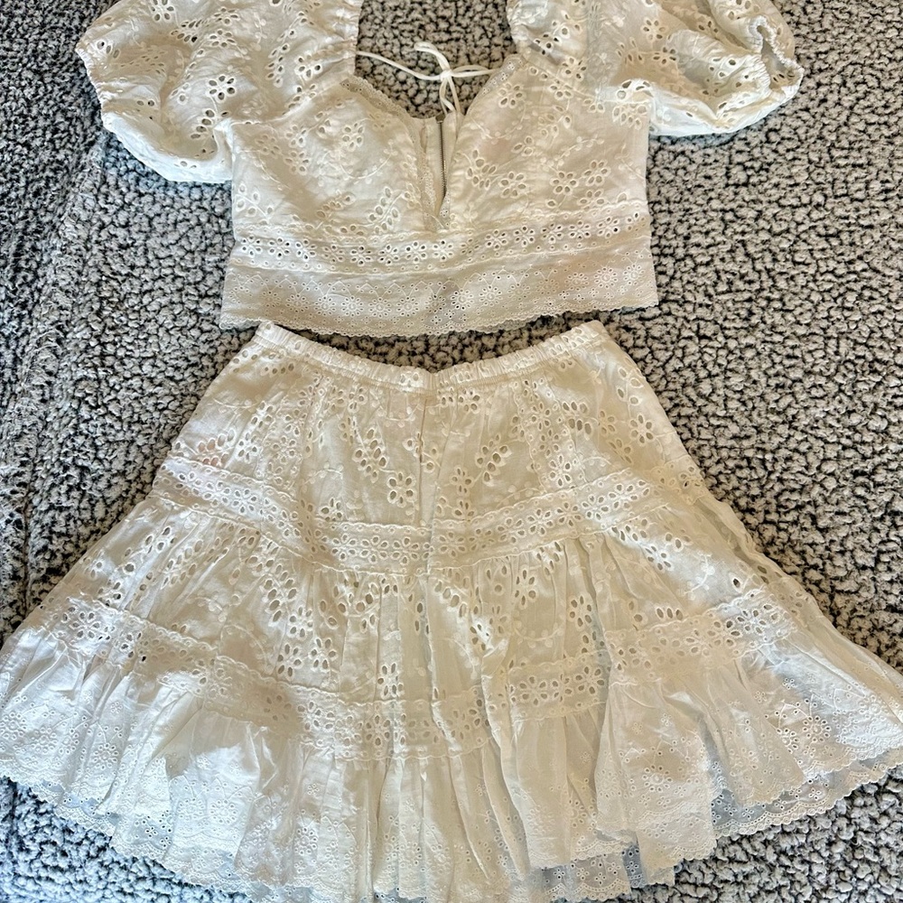 Chic White Eyelet Crop Top and Skirt Set